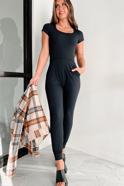 Black Short Sleeve Pocketed Athleisure Jogger Jumpsuit