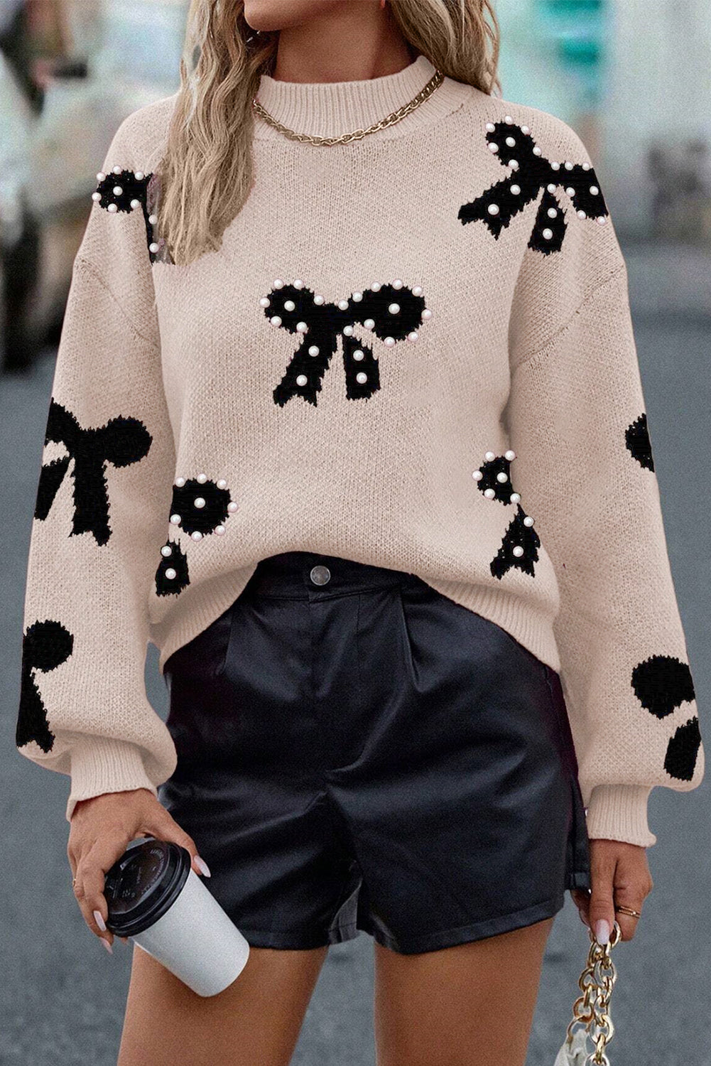 Bright Pink Pearl Embellished Bow Pattern Loose Sweater