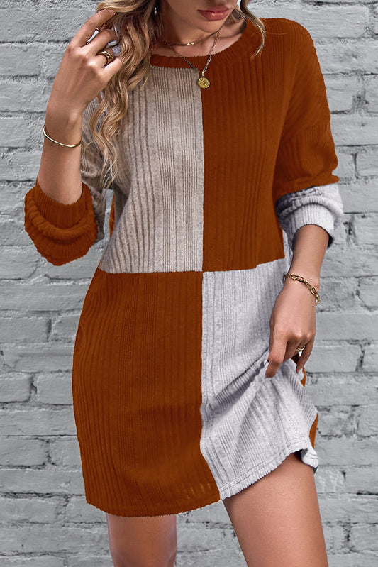 Chestnut Ribbed Color Block Drop Shoulder Long Sleeve Short Dress