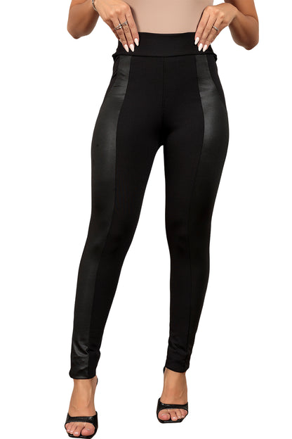 Black Leather Panel Splicing High Waist Leggings