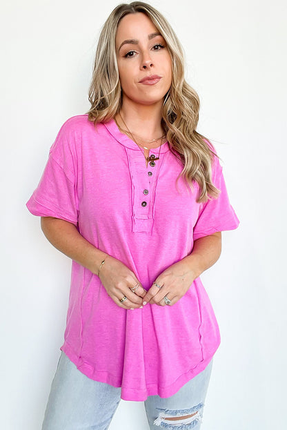 Rose Solid Button Short Sleeve Henley Top