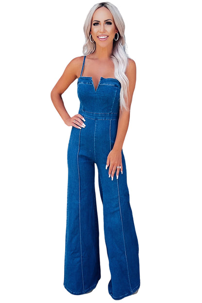 Blue Spaghetti Straps Notch V Denim Jumpsuit