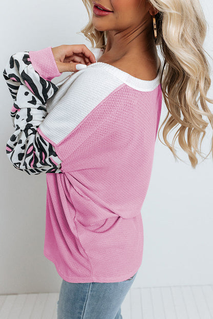 Pink Waffle Knit Leopard Sleeve Patchwork Henley Top