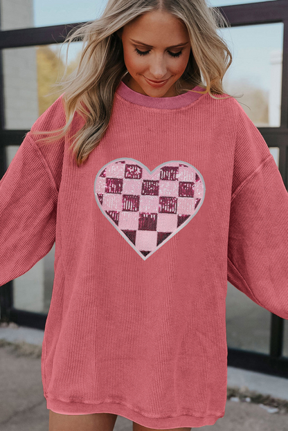 Strawberry Pink Checkered Heart Graphic Ribbed Valentines Sweatshirt