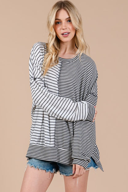 Ces Femme Striped Round Neck Long Sleeve Knit Top