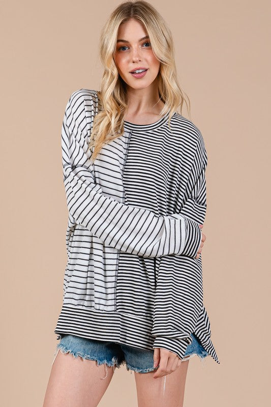 Ces Femme Striped Round Neck Long Sleeve Knit Top