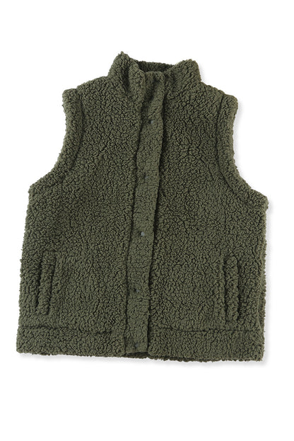 Green Snap Button Collared Stand Neck Sherpa Vest