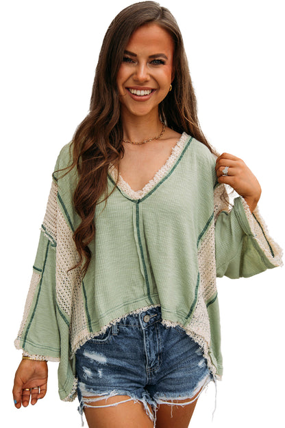 Grass Green Crochet Patchwork Exposed Seam High Low Loose Top