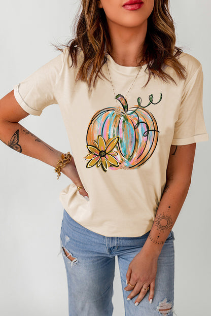 Khaki Casual Pumpkin with Flower Graphic T Shirt