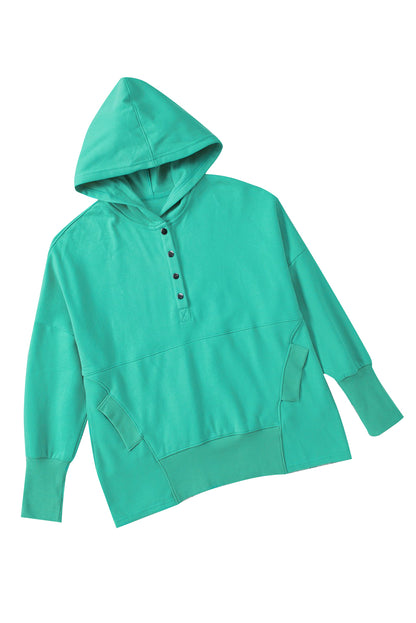 Light Blue Casual Batwing Sleeve Pocket Henley Hoodie