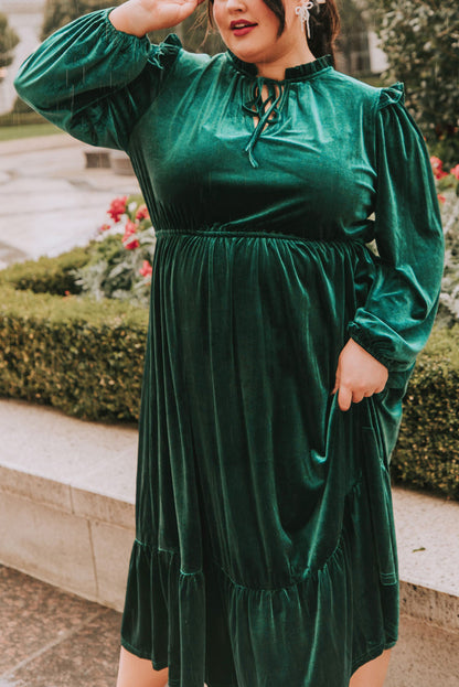 Blackish Green Frill Neck Velvet High Waist Plus Size Dress