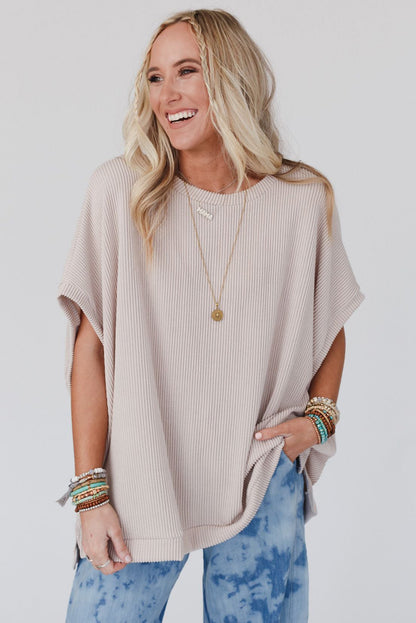 Sky Blue Plain Ribbed Knit Batwing Sleeve Tunic Oversized T Shirt