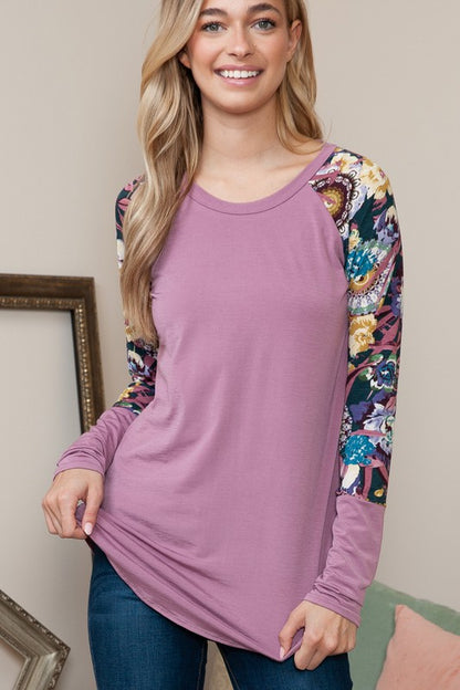 Plus Solid Floral Contrast Long Sleeve Top