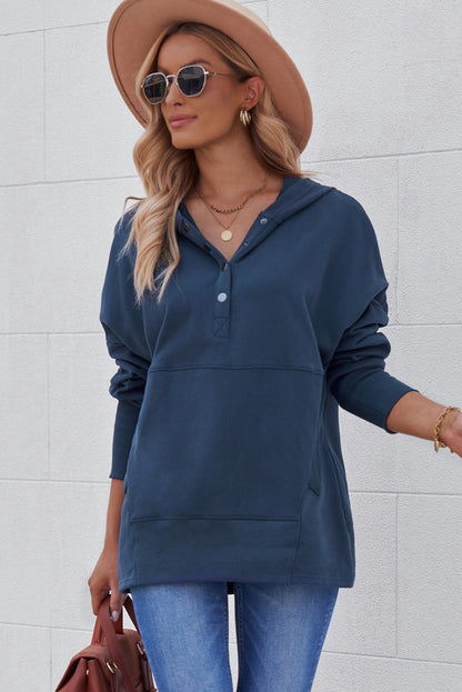 Light Blue Casual Batwing Sleeve Pocket Henley Hoodie