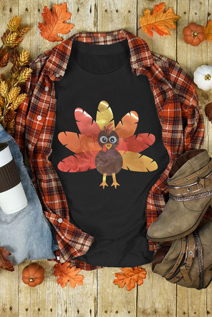 Blue Leafy Turkey Graphic Crewneck Thanksgiving T Shirt