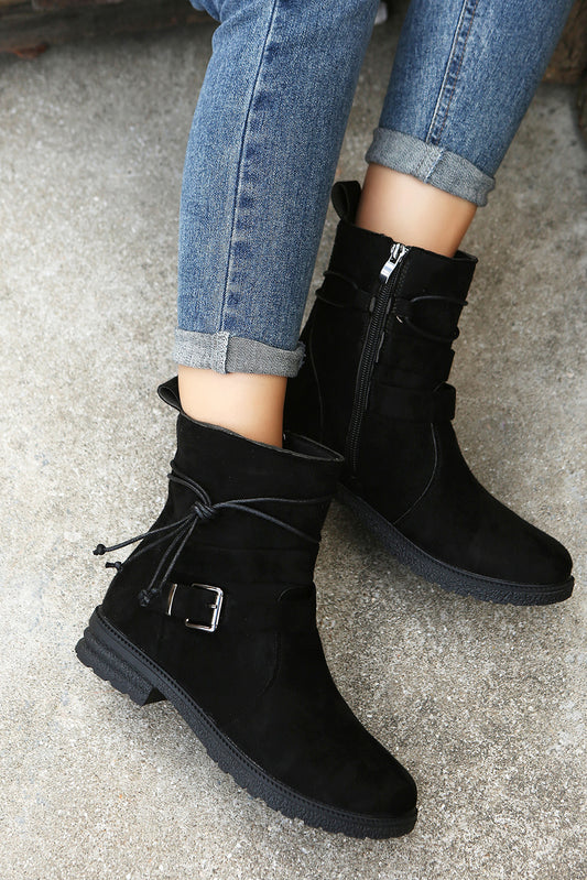 Black Faux Suede Zip Up Buckle Straps Ankle Boots