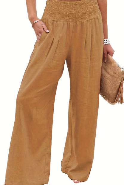 Khaki Smocked Wide Waistband High Waist Wide Leg Pants