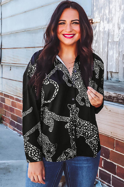 Black Cheetah Print Long Sleeve Satin Shirt