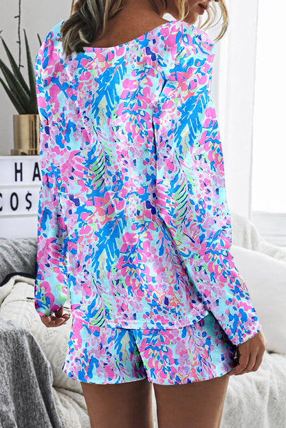 Multicolour Floral Print Long Sleeve Pullover and Shorts Lounge Set