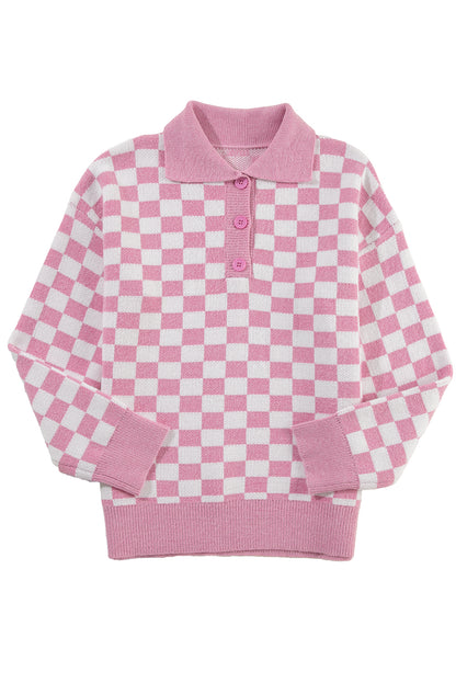 Pink Checkered Buttons Collar V Neck Drop Shoulder Sweater