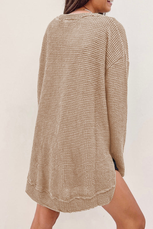 Khaki Plain Waffle Knit Drop Sleeve Side Slits Oversized Top