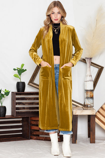 Green Velvet Elegant Pocket Open Front Long Cardigan