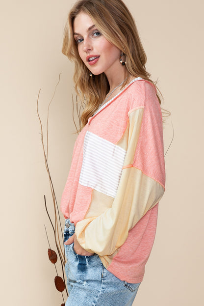 Rose Striped Color Block Splicing Long Sleeve Shirt