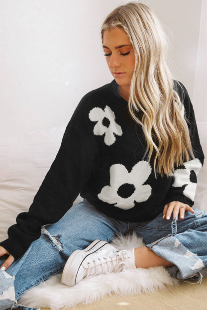 Black Flower Pattern Ribbed Trim Knit Sweater