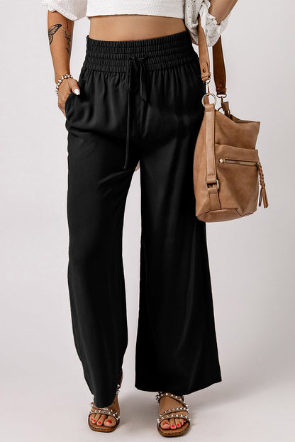 Black Casual Drawstring Shirred Elastic Waist Wide Leg Pants