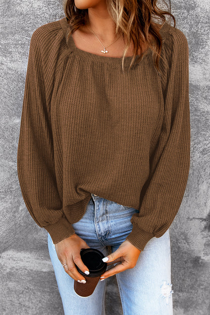 Apricot Waffle Texture Square Neck Pullover Top