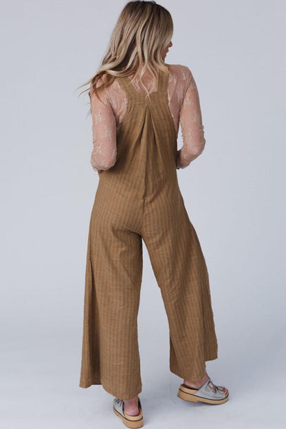 Brown Striped Pleated Pockets Wide Leg Jumpsuit