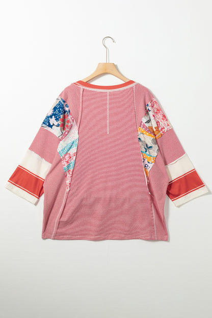 Sky Blue Striped and Floral Patchwork Oversized Top