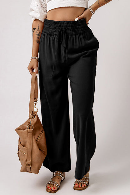 Black Casual Drawstring Shirred Elastic Waist Wide Leg Pants