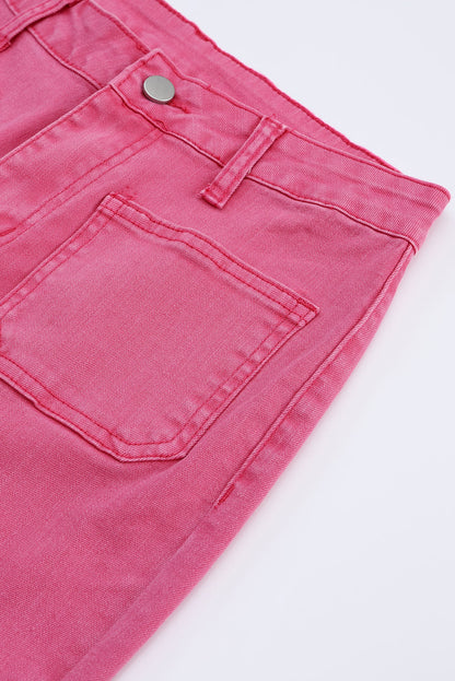 Pink Raw Hem Light Wash Flare Mid Rise Pants