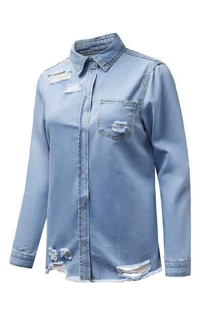 Light Blue Ripped Raw Hem Casual Button Up Denim Jacket