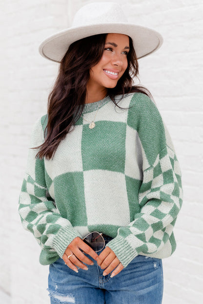 Mint Green Plaid Knitted Drop Shoulder Sweater