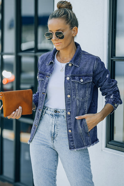 Red Distressed Raw Hem Pocket Buttons Denim Jacket