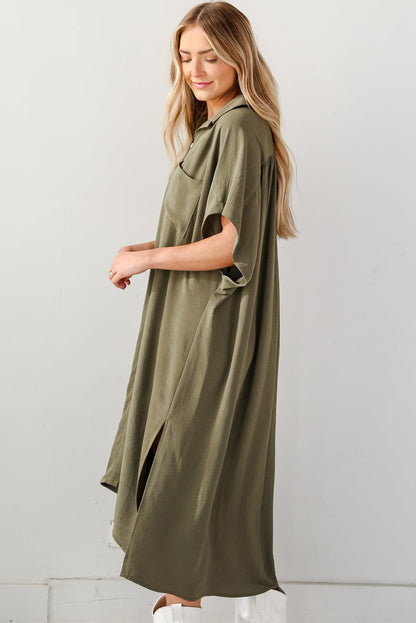 Jungle Green Loose High Low Side Slits Short Sleeve Shirt Dress