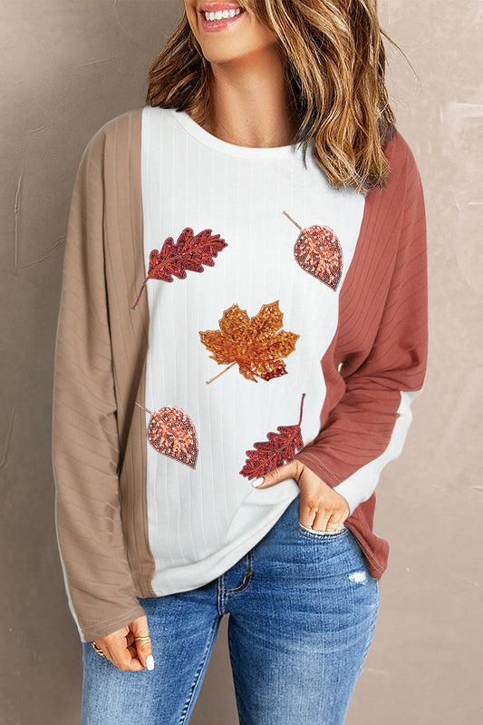 Apricot Colorblock Thanksgiving Sequin Fall Leaves Ribbed Knit Graphic Top