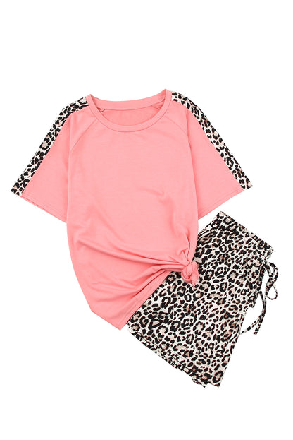 Colorblock Leopard Short Sleeve and Shorts Loungewear