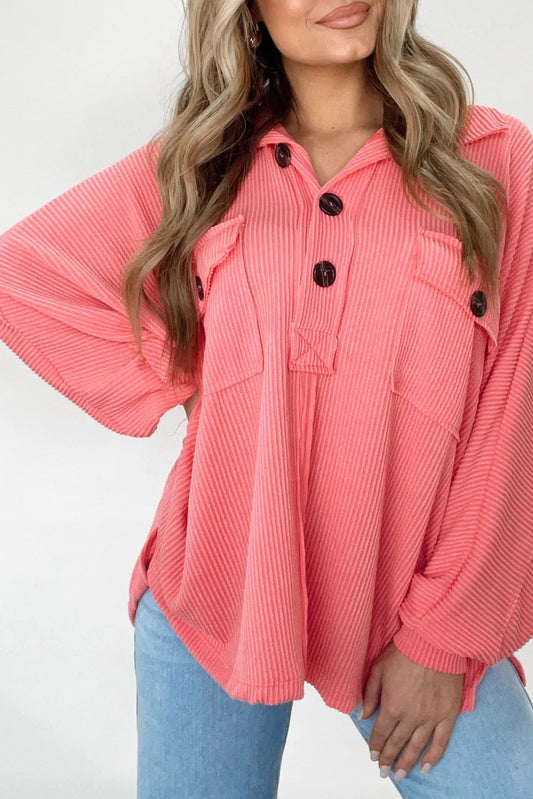 Pink Solid Color Ribbed Collared Henley Long Sleeve Top