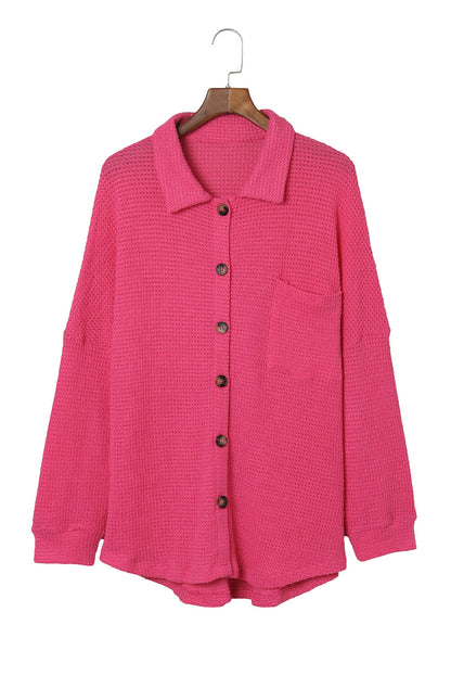 Hot Pink Pocket Buttons Front Waffle Knit Top