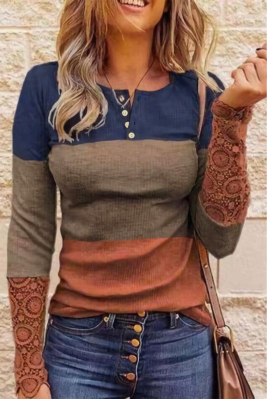 Color Block Ribbed Lace Crochet Sleeves Henley Shirt for Women