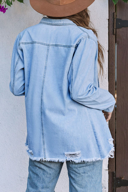 Light Blue Ripped Raw Hem Casual Button Up Denim Jacket