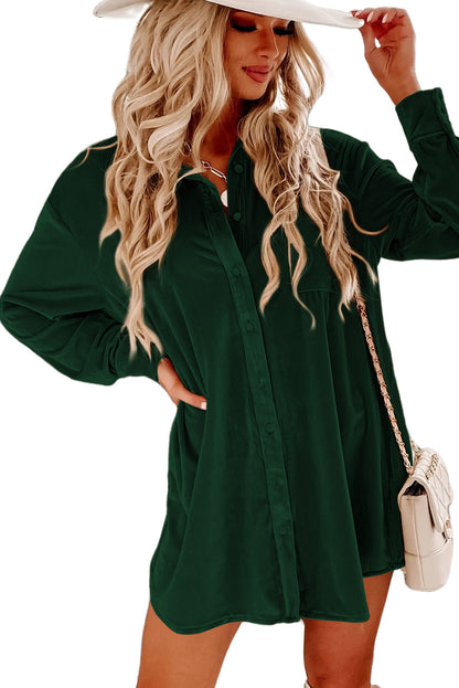 Flaxen Velvet Button Front Shirt Mini Dress