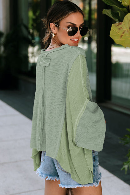 Green Splicing Long Sleeve Pocketed Oversized Top