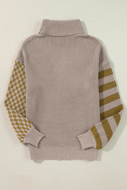 Striped & Checkered Turtleneck Dropped Shoulder Sweater