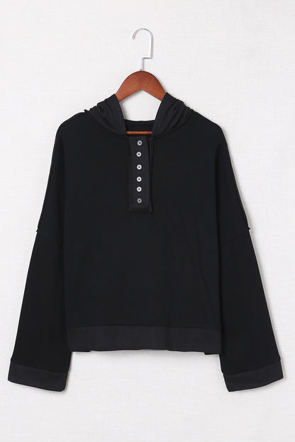 Black Button Front Plain Pullover Hoodie