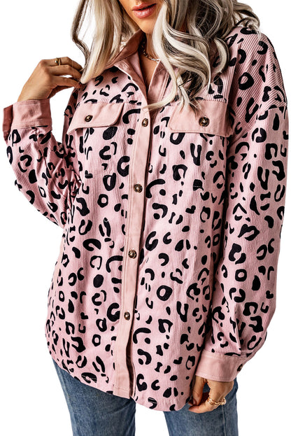 Pink Leopard Collared Neckline Flap Pockets Corduroy Jacket