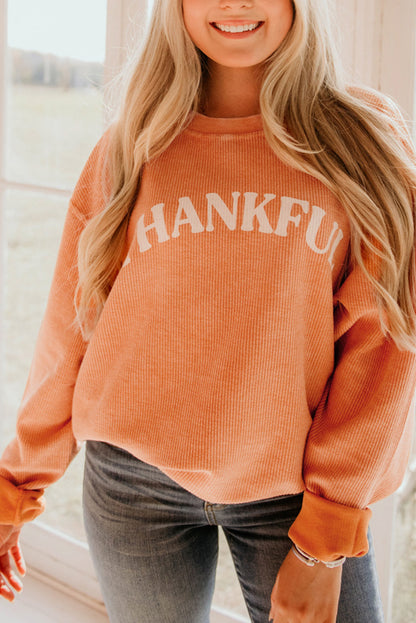 Orange Plain Drop Sleeve Rib-Knit Oversized Sweatshirt